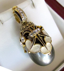 SALE ! SUPERB RUSSIAN EGG PENDANT STERLING SILVER 925 w/ BLACK PEARL and ENAMEL - Picture 1 of 1