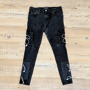 SERENEDE Black Skinny Cargo Jeans Men’s Bungee Lace-Up Goth Streetwear - 34 x 32 - Bild 1 von 13