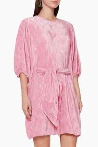 GANNI Pink Textured Pleat Satin Oversized Belted Mini Dress UK 10 EU 38 US 6 VGC - Picture 1 of 24