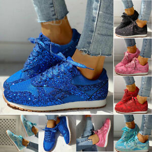 Women Wedge Trainers Glitter Lace Up Sneakers Round Toe Mesh Flat Sport Shoes