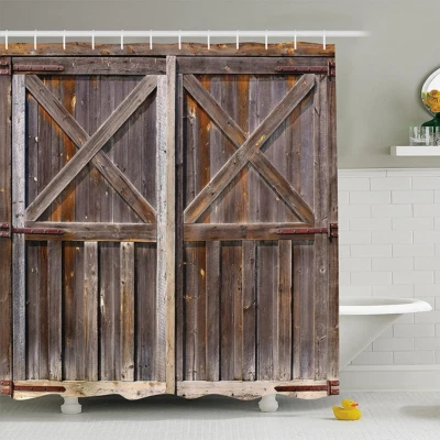 Puerta de granero de madera rústica cortina de ducha occidental decoración de baño de granja Foto 1 de 4