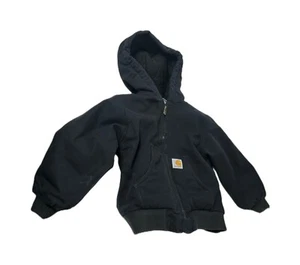 Carhartt Jacket Youth XXS 4-5 Black Canvas Full Zip Hooded Heavyweight Quilted - Picture 1 of 7