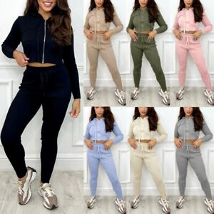 Ladies Zip Up Hooded Tracksuit Women Two Pockets Ribbed Jogger Loungewear Set