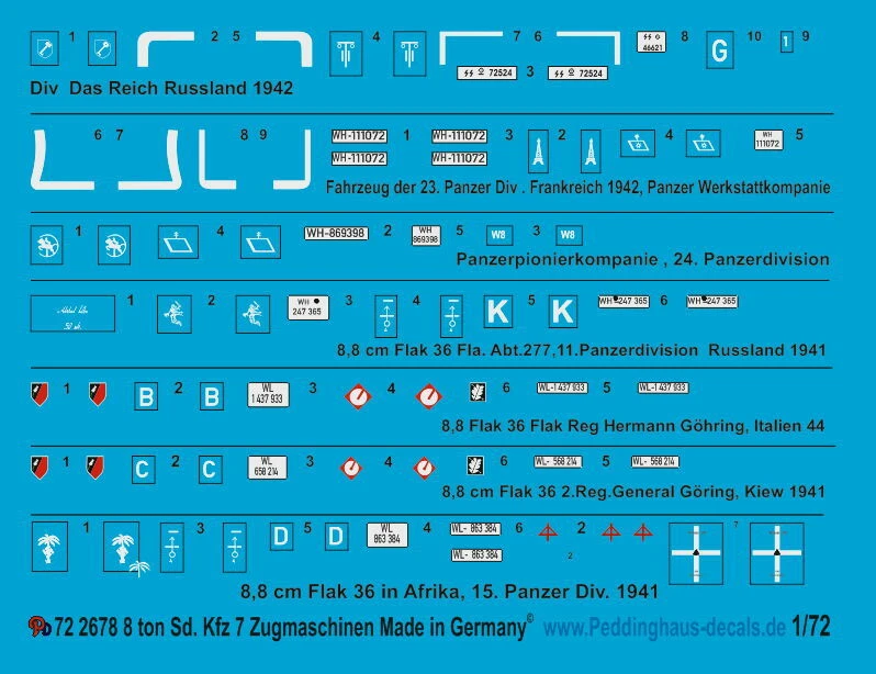 Decalcomanie Peddinghaus 1/72 2678 8 Ton Sd. Kfz 7 Trattore - Immagine 1 di 1