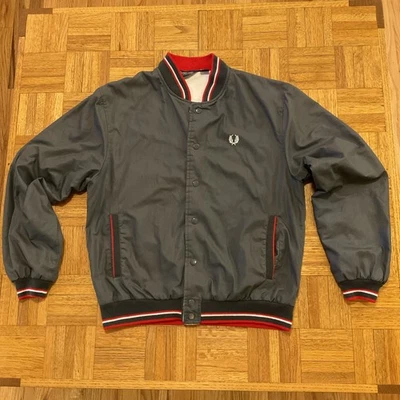 Fred Perry Sportswear Varsity Style Jacket Large Gray Red Snap Closure *READ* - Image 1 of 4