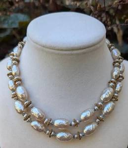 Beautiful Vintage signed Miriam Haskell 2 Strand lg. Baroque Pearl Necklace 16" - Picture 1 of 7
