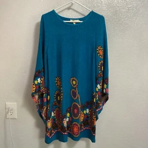 Aryeh Anthropologie Sweater Dress M Peacock Blue Flowers Flare Sleeve Boho Retro - Picture 1 of 11