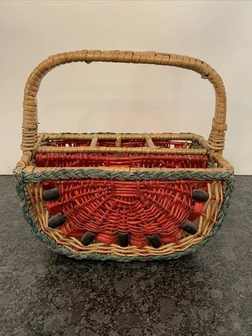 Wicker Watermelon Themed Picnic Utensil Basket w/ Handle Red & Green Accents EUC Cover