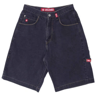 Vintage JNCO Flaming Skull Patched Black Denim Shorts - Image 1 of 3