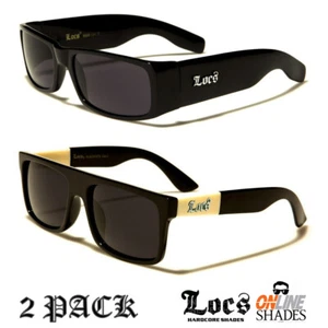 2 Pack LOCS Gangster Rectangular Biker Shades Black Lowrider Flat Top Sunglasses - Picture 1 of 1