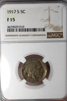 1917-S Buffalo Nickel : NGC F15 - Image 1 of 4