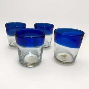 Hand Blown Cobalt Blue Band Clear Old Fashioned Glass 4" Set of 4 - Picture 1 of 7