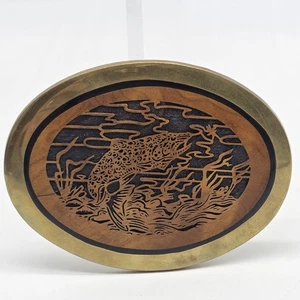 Fishing Trout Rainbow Brown Solid Brass Olive Wood 1970s Vintage Belt Buckle - Picture 1 of 9