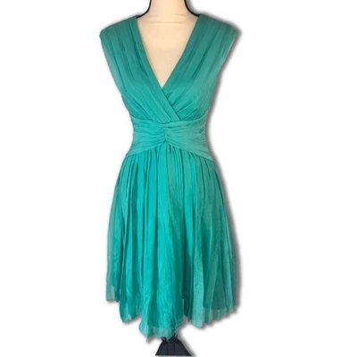 Vestido de cóctel Tadashi vintage talla 6 100 % seda verde azulado plisado acanalado Fairycore Foto 1 de 4