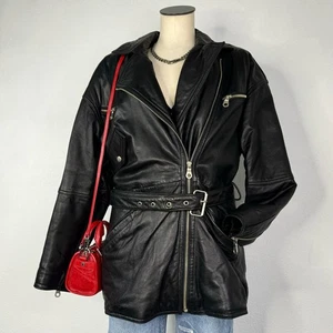 Chaqueta de motociclista de cuero VNT años 80 90 para mujer mediana negra moto con cinturón rocker grunge - Imagen 1 de 12