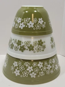 Lotto 3 ciotole di miscelazione vintage Pyrex Spring Blossom Crazy Daisy verde bianco 401 402 403 - Foto 1 di 18