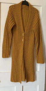 New Hand Knitted Ochre Mustard Chunky Knit Toggles Long Cardigan Bust 38" L39" - Picture 1 of 5