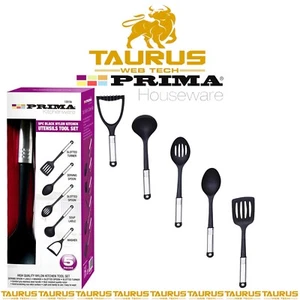 5x BLACK Nylon & STEEL Kitchen Cooking Tool Set CHEF Cutlery NON STICK Food UK - Picture 1 of 2