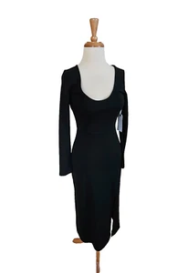 NWT New LEITH Midi A Line Black DRESS Side Slit Scoop Neck Long Sleeve Stretch S - Picture 1 of 7
