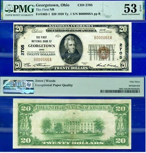 1929 $20 National Bank Georgetown Ohio CH# 2705 PMG 53EPQ top pop 1/0 low serial - Picture 1 of 4