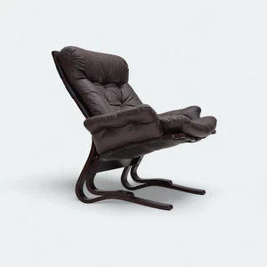 70er Jahre, skandinavisches Design, Loungesessel, Original, Leder, gebogenes Holz. - Bild 1 von 20