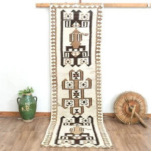 3x10 White Vintage Kilim Runner, Turkish Oushak Hallway Rug, Handmade Wool Rug - Picture 1 of 10