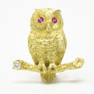 NYJEWEL Tiffany & Co. 18k Yellow Gold Diamond Ruby Owl Pin Brooch - Image 1 of 4