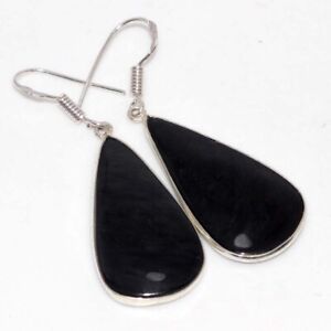Boucles d'oreilles faites main plaquées argent 925-noir obsidienne ethnique pierre précieuse bijoux 2" JW