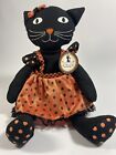 Candy Corn Lane Halloween Black Cat Folk Art Plush Girl in Dress 15&quot; NWT