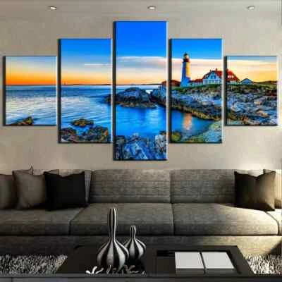 Rocky Lighthouse Landscape Sunset Ocean Sunrise Sea View 5 Piece Canvas Wall Art - Image 1 of 3