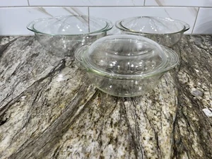 Vintage Pyrex 022, 023, 024 Clear Glass Casserole Dish 1Qt, 1 1/2 Qt, 2 Qt 1 Lid - Picture 1 of 24