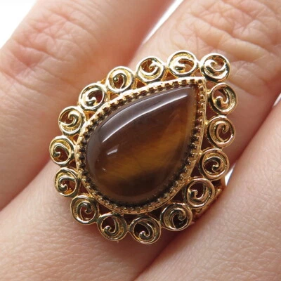 ROSS SIMONS 925 Sterling Silver Gold Plated Real Tiger Eye Spiral Ring Size 6 - Image 1 of 4