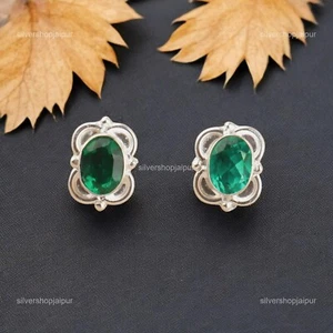 Green Emerald Gemstone Birthday Dainty Stud Earrings Jewelry 925 Sterling Silver - Picture 1 of 6
