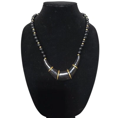 Napier Black Beaded Necklace Gold Accents Statement Jewelry - Image 1 of 4