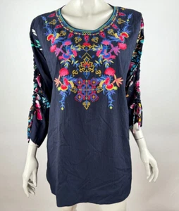 Calessa Embroidered Floral Tunic Top Women XL NWT 3/4 Sleeve Round Neck Blouse - Picture 1 of 13