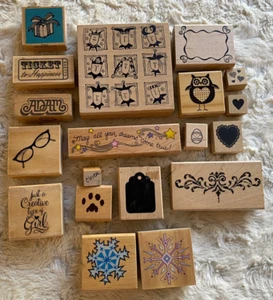 Wooden Block Rubber Ink Stamps Assorted: Easter, Hearts, Owl, Snowflake, Paw tag - Picture 1 of 12