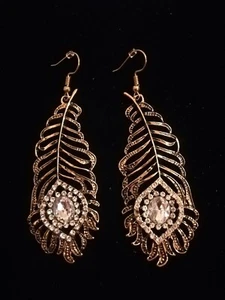 Gold Feather Design Earrings With Crystal Detail - Picture 1 of 1