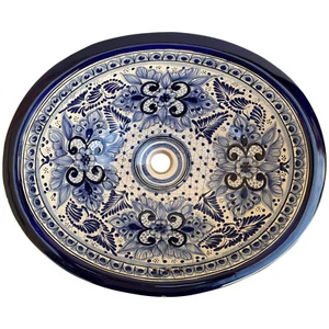 Fregadero de baño de cerámica ovalada hecha a mano Talavera Cholula mexicano de 17""x 14 - Imagen 1 de 1
