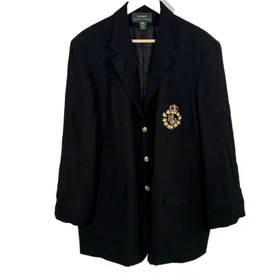 Blazer Ralph Lauren tamanho 22W monograma crista lã penteada preto acadêmico preppy - Imagem 1 de 4