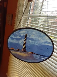 GLASSMASTERS Thomas Kinkade Oval Stained Glass Suncatcher Lighthouse 9.5" X 7.5" - Picture 1 of 6
