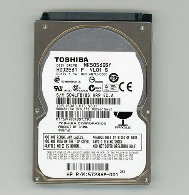 USED: TOSHIBA 500 GB 7200 RPM Hard Disc Drive (HDD) Model: MK5056GSY SATA SCSI  - Image 1 of 4