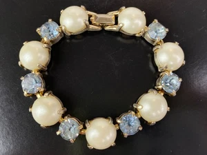Vintage Gliederarmband goldfarben Kunstperlen blaue Steine - Bild 1 von 10