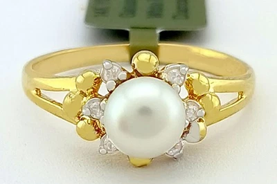 GENUINE 6 mm PEARL & DIAMOND RING 14k YELLOW GOLD - Free Certificate Appraisal - Image 1 of 4
