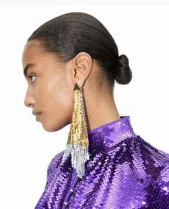 NEW Paco Rabanne & H&M Silver Gold Fringe CLIP Earrings Jewellery Mesh - Bild 1 von 10