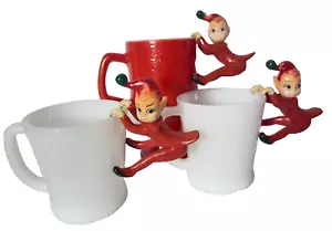 Vintage 3er Set Hongkong Weihnachten rot Gummi Pixie Elfen Kletterer Tasse Aufhänger 3" - Bild 1 von 10