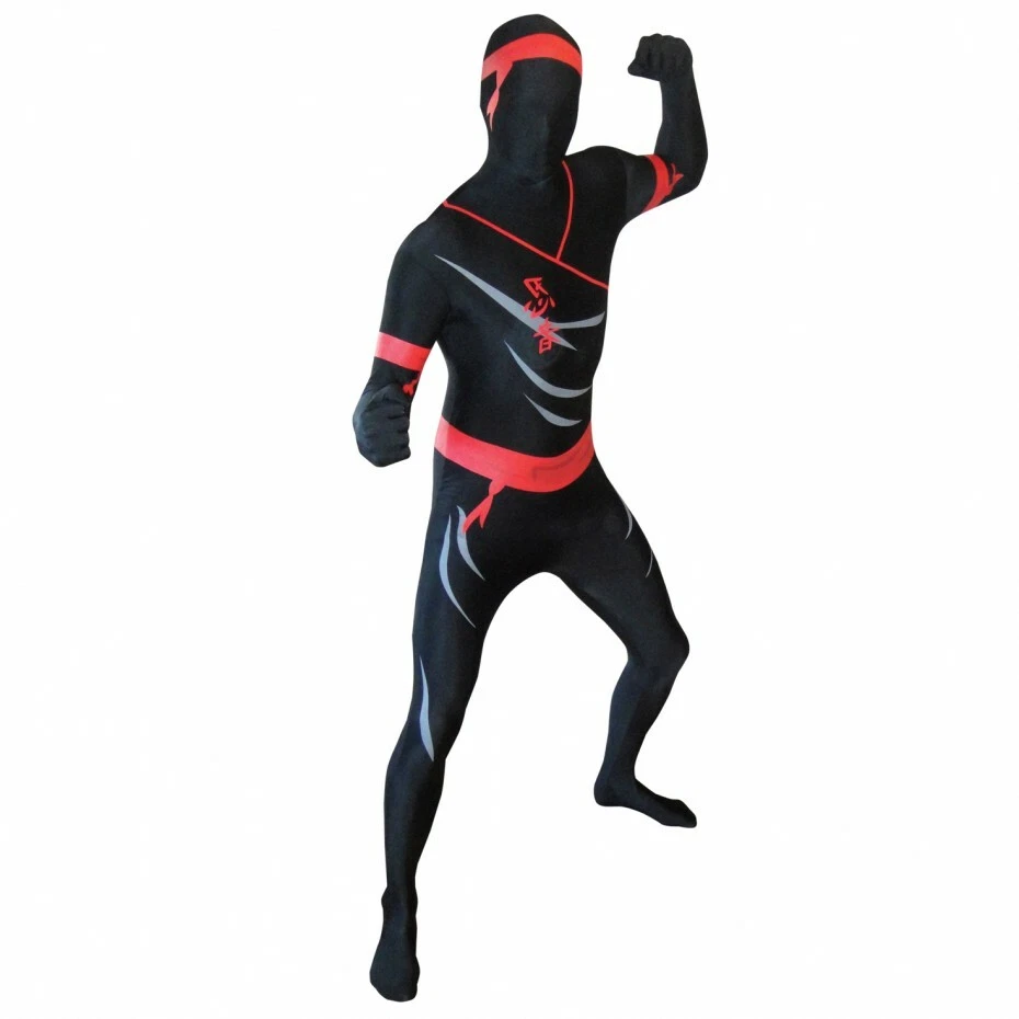 FATO ADULTO NINJA MORPHSUIT PELE FESTA CORPO INTEIRO PRETO VERMELHO GG 5'10"-6'3" (NOVO) - Imagem 1 de 3