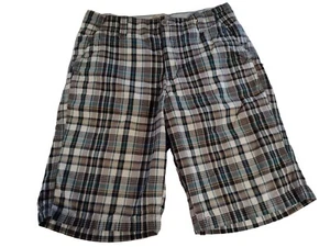 Men's Roebuck And Co Shorts Size 32 Plaid Black/Teal/Gray/Orange- Distressed - Picture 1 of 9