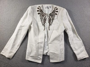 Blazer Tahari donna 4 bianco ricamato lino tuta giacca perline aperto davanti - Foto 1 di 10