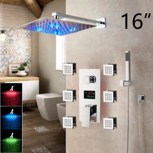 LED 16" Rain Shower Head 3-Way Digital Mixer Valve Massage Hand Shower Faucet  - Picture 1 of 12