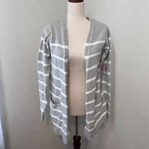 NWT Sigrid Olsen Women's Small Gray Cardigan Striped Sweater Pockets Open - Picture 1 of 9